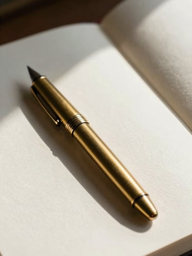 A close-up of a heavy brass fountain pen resting on a crisp sheet of textured linen stationery, soft natural window light casting deep shadows, architectural lines.