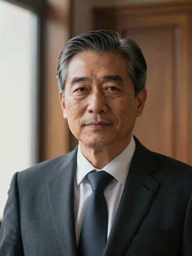 Medium close-up portrait of a mature male advisor in a dark tailored suit, natural window light from the side, soft out-of-focus background of a wood-paneled library, authoritative and calm.