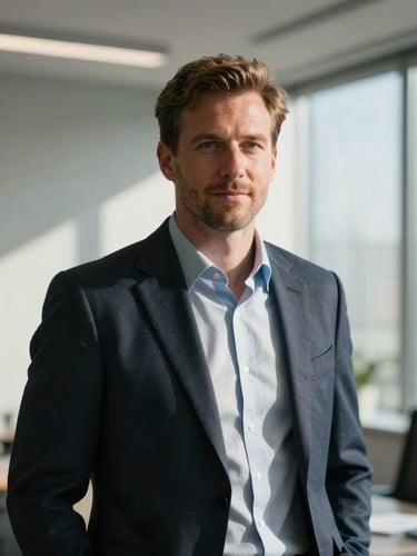 Naturally lit editorial portrait of James Michael Schmiedecke in a modern corporate office, soft directional window light, high contrast, shallow depth of field, professional and authoritative atmosphere