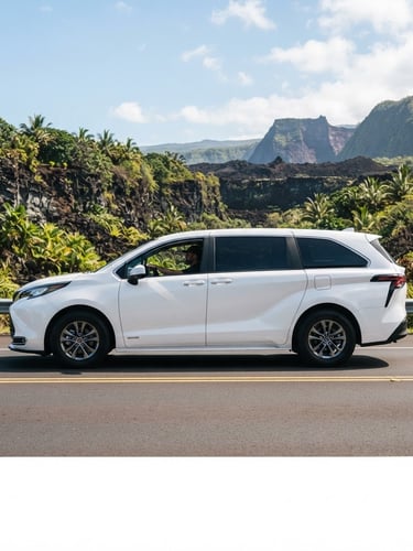 Side profile of a modern, clean white minivan on a paved highway with a volcanic landscape in the background, bright natural daylight, 35mm lens.