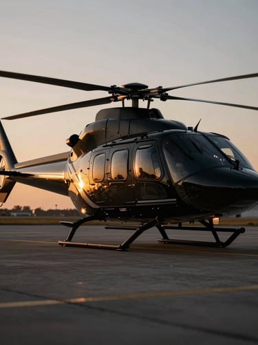 Sleek black luxury helicopter on a private tarmac at sunset, golden hour light reflecting off the fuselage, low-key dramatic cinematic lighting, 35mm anamorphic lens