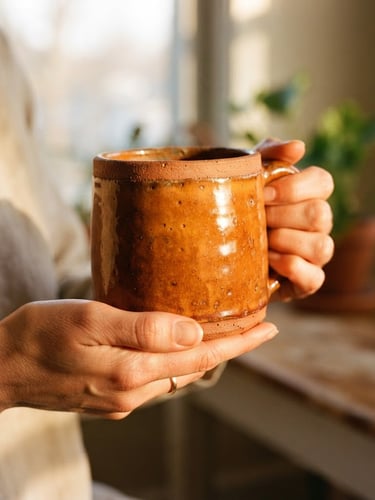 Close-up of warm, sunlit hands holding a heavy terracotta stoneware mug, golden-hour window light reflecting on the glossy orange glaze, gritty clay texture visible, 35mm photography