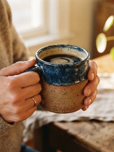 Close-up of hands holding a heavy terracotta stoneware mug filled with coffee, warm golden-hour window light casting soft shadows, showing the gritty clay texture and glossy glaze, 35mm editorial photography.