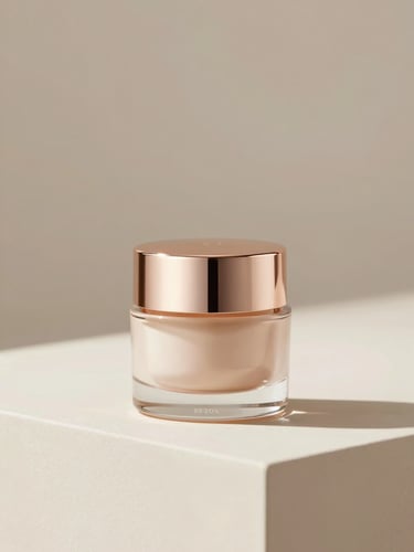 Minimalist luxury skincare jar on a smooth ivory platform, soft rose-gold lighting, elegant shadows, clean studio background