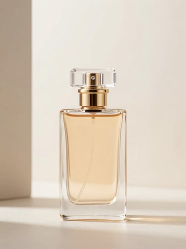 A high-end perfume bottle in a minimalist architectural composition, soft airy studio light, champagne gold and ivory tones, shallow depth of field