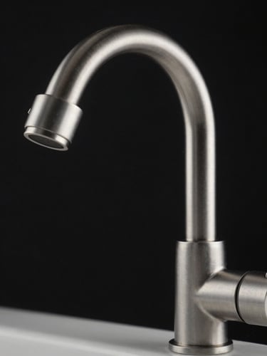 Tight close-up of a brushed gunmetal basin mixer tap, positioned right-of-center against a near-black background, architectural documentation lighting from above-left revealing every machined edge and surface transition, extreme depth-of-field fade toward the spout tip, no human presence, no water, no reflections
