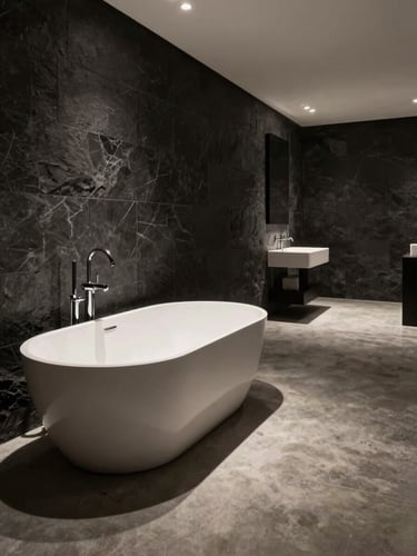 Wide architectural installation view of a luxury bathroom, a freestanding floor-mounted matte chrome tub filler in the left foreground, empty polished concrete floor extending to a dark stone wall, overhead architectural lighting casting precise shadows, fixture treated as a specification detail not a room hero, no people, no soft furnishings