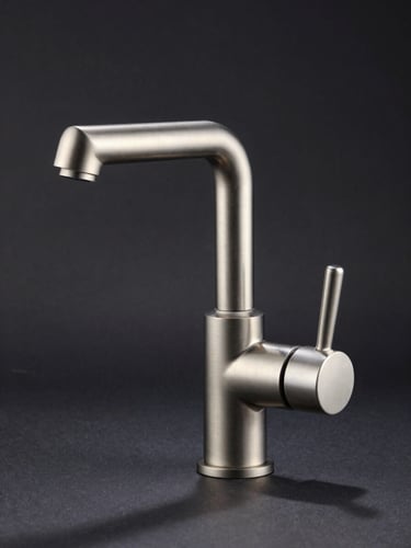 Tight vertical frame, single premium brushed-nickel faucet body in dramatic isolation against deep charcoal background, studio strobe from upper left casting sharp shadows that reveal every machined edge and surface grain, no context, no water