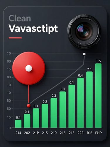 Clean top-down vector layout comparing a red bloated JavaScript timeline with a green ultra-fast PHP execution chart, dark mode UI, sharp grid lines.