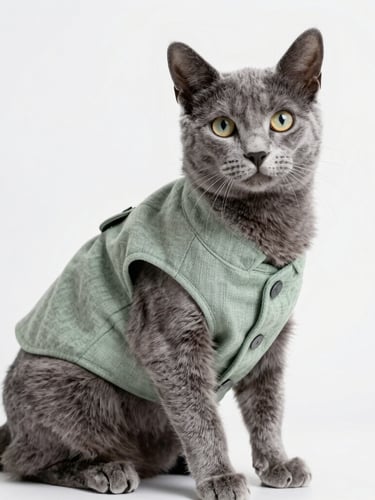 Eye-level portrait of a sleek grey cat wearing a tailored sage green linen vest, sitting comfortably on a white background, soft natural daylight, bright editorial style