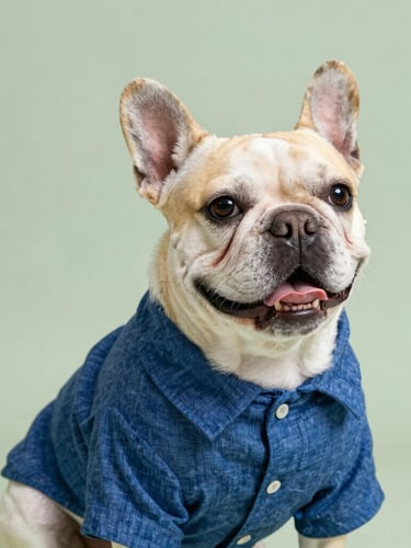Eye-level portrait of a happy French Bulldog wearing a tailored linen shirt, soft natural daylight, minimalist sage green background, 50mm lens