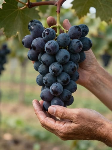 Close-up of weathered hands gently holding a cluster of dark wine grapes in a sunlit Ukrainian vineyard, soft natural daylight, editorial food magazine style.