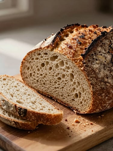 Close-up of a rustic sourdough bread loaf being sliced, crumbs on a wooden board, warm natural light from the side