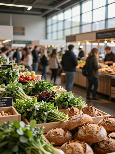 Wide-angle environmental shot of a vibrant modern food market, soft natural light streaming through high windows, blurred crowds moving between wooden stalls, fresh herbs and artisanal bread in the foreground.