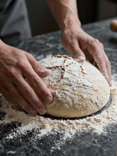 Macro shot of flour being dusted over raw sourdough dough on a dark marble counter, hands of an artisanal baker visible, soft natural shadows, moody Scandinavian lighting.