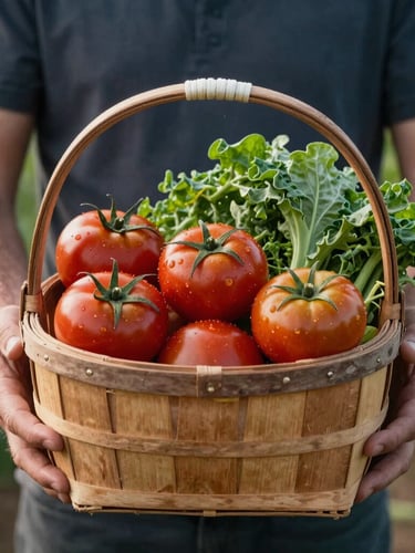 Portrait shot of hands holding a rustic wooden basket filled with freshly harvested organic tomatoes and greens, soft morning light, farm background.