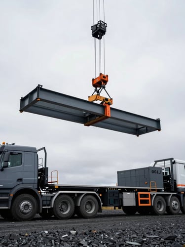 Low-angle wide shot of a massive basalt-gray crane truck lifting a heavy steel structure under an overcast Icelandic sky, outriggers fully extended on gravel ground, safety orange accents highly visible.