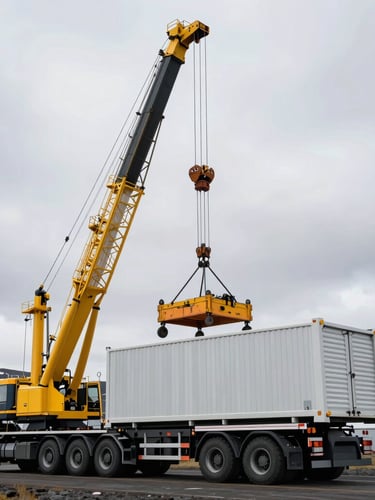 Low-angle wide shot of a heavy crane truck lifting a large modular building section under overcast skies in Iceland, mountains in the background, industrial rigging visible.