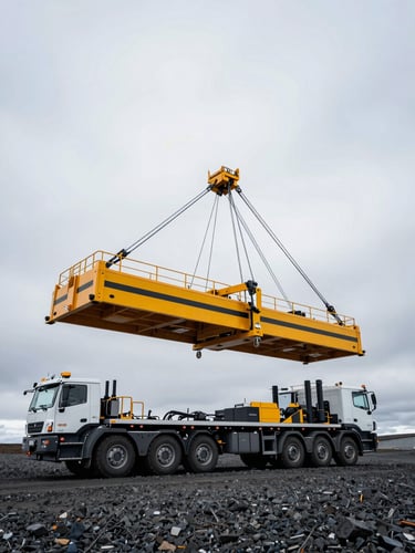 Low-angle wide shot of a heavy crane truck with outriggers fully extended on gravel, stabilizing a massive load under overcast Icelandic skies.