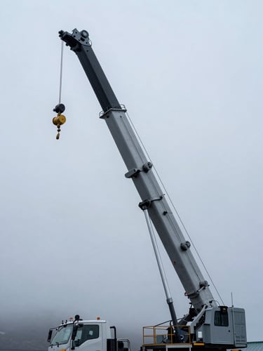 Low-angle portrait shot of a heavy crane truck's metallic boom extending high into a misty gray Icelandic sky, sharp geometric steel structures visible, cold industrial lighting.