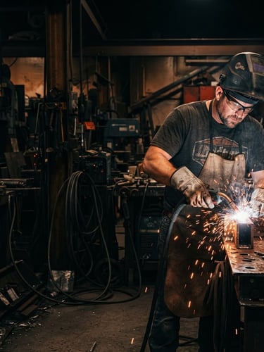 High-contrast, gritty environmental portrait of a welder wearing a Clocked In Unfiltered t-shirt, working in a dimly lit industrial workshop with sparks flying. Burnt orange and deep black tones, sharp 50mm lens, right third composition, wide cinematic frame.