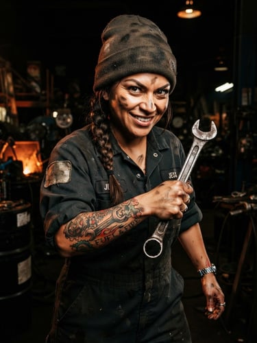 Close-up portrait of a highly detailed, cartoon-style female mechanic caricature with a wrench, wearing a uniform, with customizable hair, skin tone, and tattoos, high contrast, dramatic industrial workshop lighting, burnt orange and deep black tones, sharp 50mm lens, isolated on a dark background.