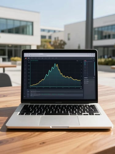 A portrait photo of a laptop screen showing a pipeline velocity graph, resting on a wooden table in a modern Silicon Valley tech campus, bright natural daylight, sharp focus, 35mm