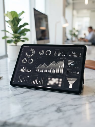 A sleek, modern tablet displaying a high-contrast marketing dashboard with clean data visualization wireframes, resting on a sunlit marble desk in a San Mateo workspace, sharp focus, 35mm