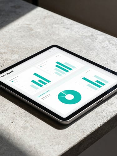 A portrait orientation photo of a tablet displaying an attribution dashboard with bright teal charts, placed on a concrete desk in a sunlit San Mateo workspace, high-contrast shadows