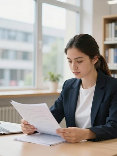 A focused student analyzing academic documents in a bright, modern library in Russia, natural daylight, professional tones