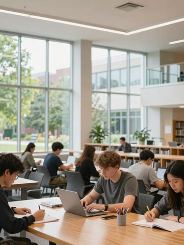 A bright, modern Canadian university library with high ceilings, large glass windows showing green trees outside, focused students studying at wooden tables in natural daylight.