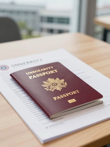 Close-up of a student passport and official university admission documents on a clean wooden desk, soft natural light.
