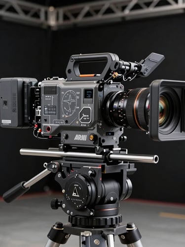 Extreme close-up of an Arri Alexa cinema camera rig on a heavy-duty dolly, matte box and master prime lens in sharp focus, harsh industrial side-lighting, dark soundstage background with faint steel truss visible.
