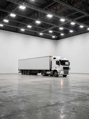 Wide environmental shot of Stage A, showing a massive empty concrete floor, pristine white cyclorama, heavy-duty overhead lighting grid, and a full-size semi-truck parked inside, harsh industrial lighting.