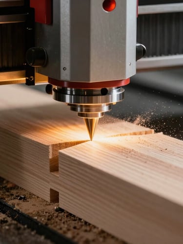 Extreme close-up of a high-end CNC router carving a precise structural joint out of heavy timber, wood dust illuminated by harsh amber work lights, shallow depth of field