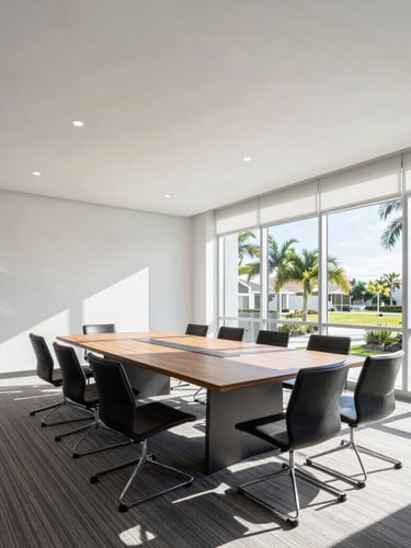 Clean commercial interior of a modern conference room in Edgewater, natural Florida daylight streaming through windows, crisp shadows, architectural photography style