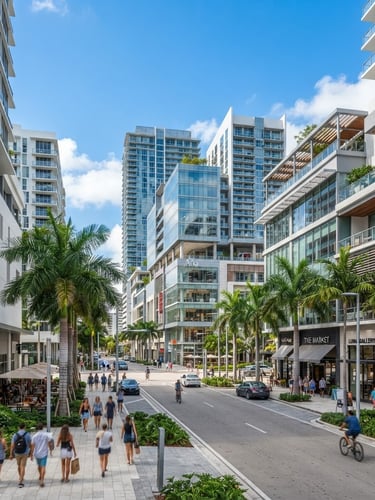 Wide-angle architectural view of a modern commercial district in Florida under bright natural daylight, clean lines, professional editorial style
