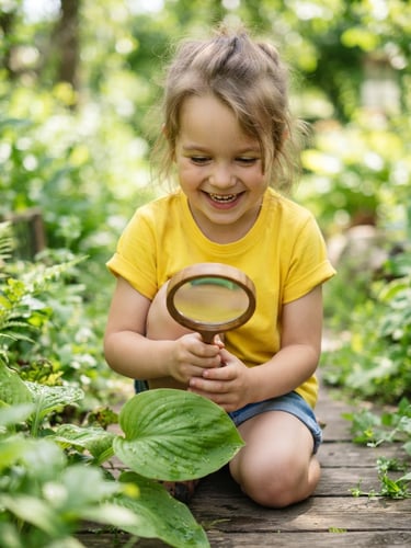 A smiling child in a bright yellow shirt holding a magnifying glass over a green leaf, cheerful natural daylight, shallow depth of field