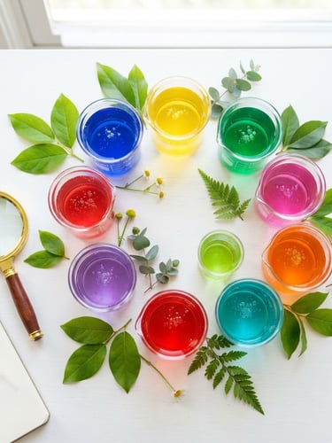 Vibrant flat-lay of colorful laboratory beakers filled with safe liquids, a magnifying glass, and green leaves on a bright white table, high-key natural daylight.