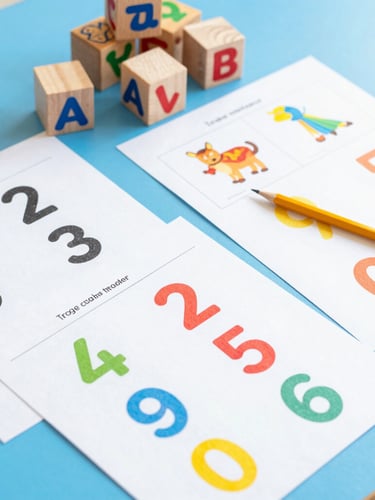 A top-down flat-lay of colorful children's math worksheets, wooden counting blocks, and a yellow pencil on a bright blue table, bright high-key editorial photography, cheerful natural daylight, vibrant primary colors, shallow depth of field