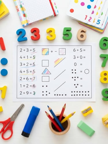 Bright top-down flat-lay of colorful school supplies, wooden number blocks, and primary school worksheets on a clean white desk, high-key daylight.