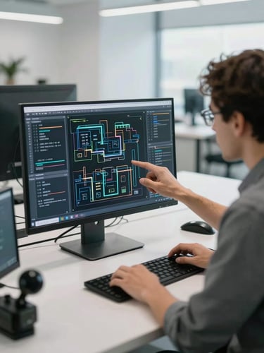 Bright, daylight-filled modern technical workspace, a clean overhead view of an engineer analyzing system architecture diagrams on a high-resolution display, sharp focus, neutral cool lighting