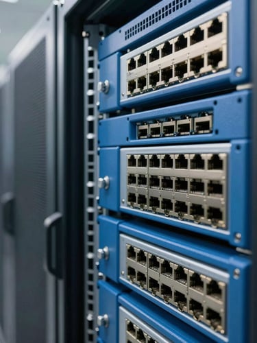 Macro shot of clean, meticulously organized blue and silver server racks in a bright, daylight-filled modern data facility, sharp focus on ethernet ports.