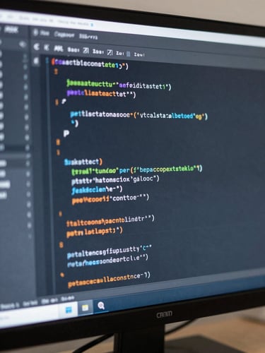 Macro close-up of clean, structured code displayed on a high-resolution development monitor, cool blue and slate gray tones, sharp focus, neutral daylight.