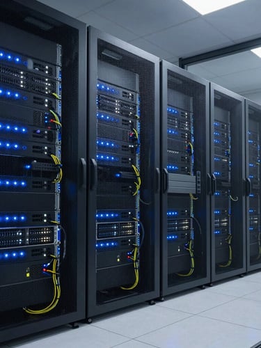 A clean, meticulously organized server room with glowing blue and white indicator lights, structured cabling, cool-toned professional daylight, wide angle.