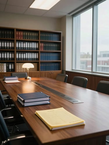 Wide shot of an empty law firm conference room, left third of frame, long oak table with stacked case folders and a yellow legal pad, floor-to-ceiling bookshelf of statute volumes along the back wall, overcast daylight from tall windows at right, tungsten desk lamp casting warm pool on closed binders, no people