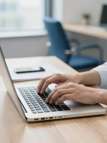 Hands typing on a modern laptop on a clean wooden desk, bright daylight streaming from a window, organized corporate workspace, soft blue accents.