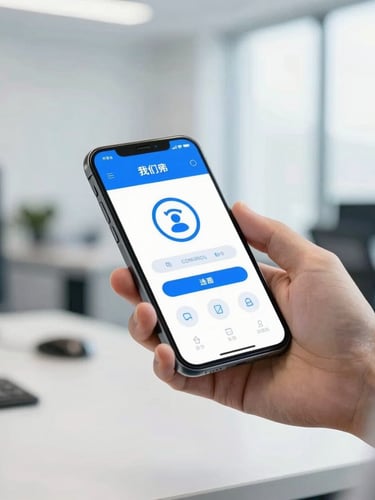 Warm medium close-up of a professional in a bright, modern office holding a smartphone displaying a secure interface, clean blue and white tones, natural daylight, soft depth of field.