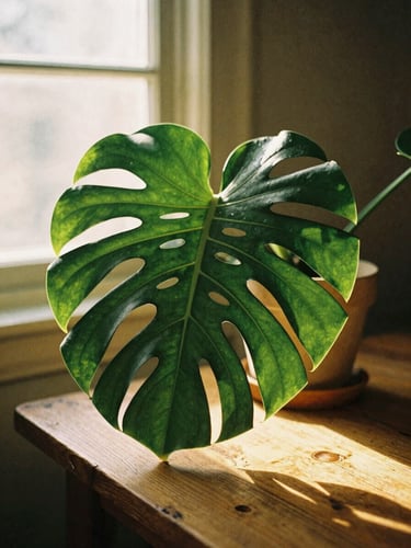 Warm editorial portrait of sunlit indoor plants on a rustic wooden table with soft golden-hour window light, rich green monstera leaves, 35mm film style