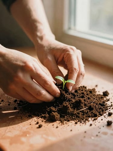 Close-up of hands mixing rich dark potting soil and green seedlings on a warm terracotta surface, soft golden-hour window light, 35mm film.